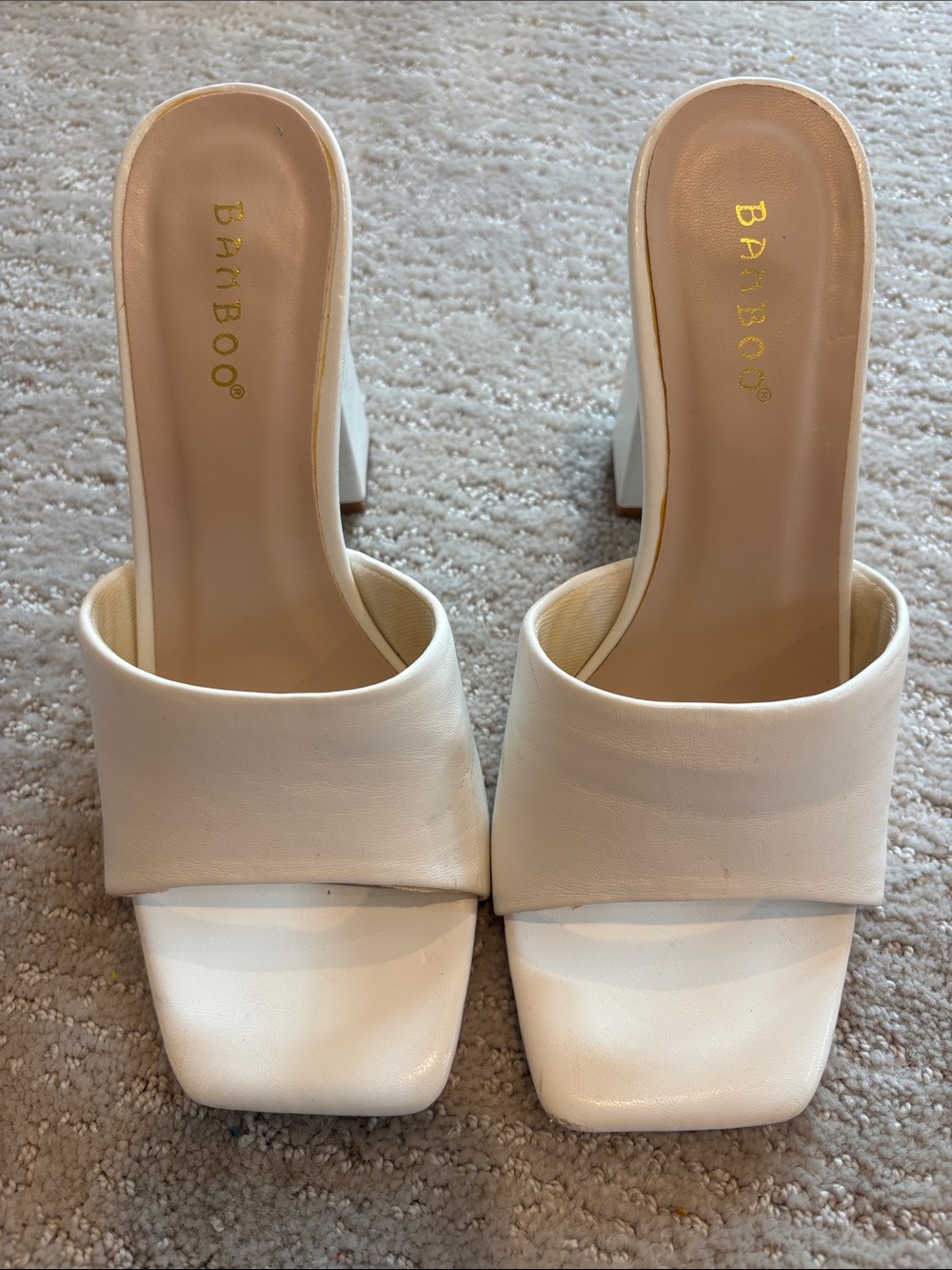 BAMBOO Cream White Square Toe Block Heel